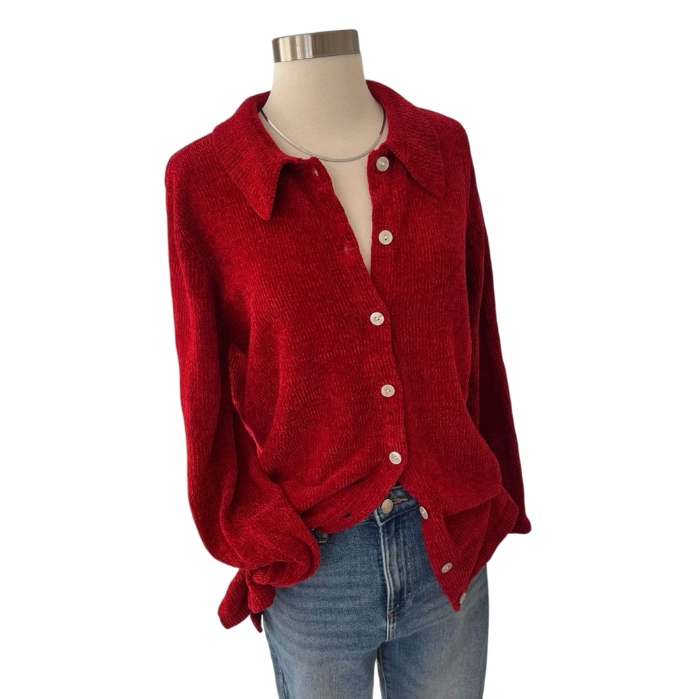 Vintage 90s Denim & Co. red chenille cardigan sweater S - Picture 2 of 15